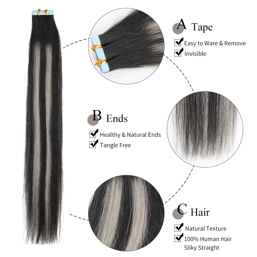 Doreen European Real Remy Human Hair Tape In Extensions 16 to 24 Inch 20Pcs 50g PU Seamless Balayage Silver Grey Hair Black Root