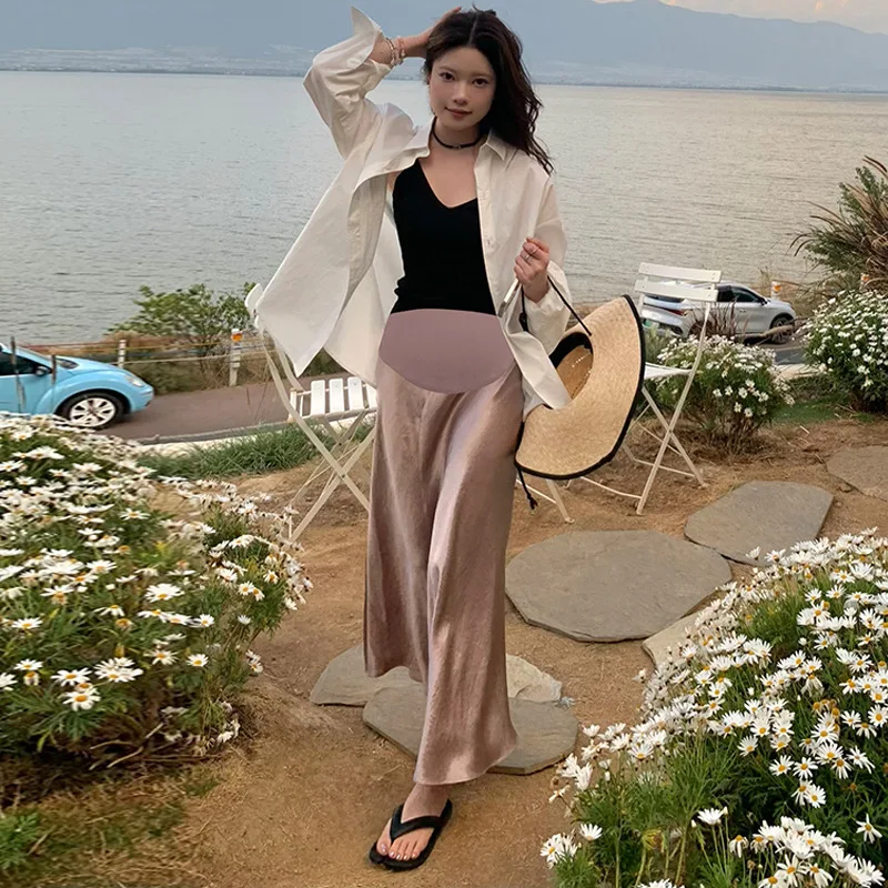 Silk Satin Skirts for Women Korean Style Champagne Office High Waist A-line Skirt Fashion Elegant Solid Long Pencil Skirt