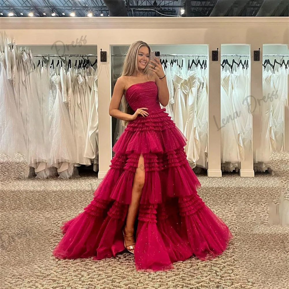 

Lena Wine Red Strapless High slit Layered Formal Ball Dress Long