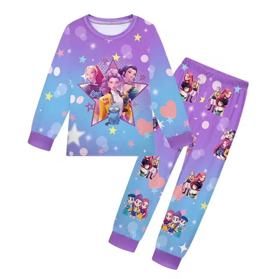 Pyjama Fille Kpop D-Demon H-Hunters - Ensemble Manches Longues Coton - Motifs Imprimés - Confort Nuit