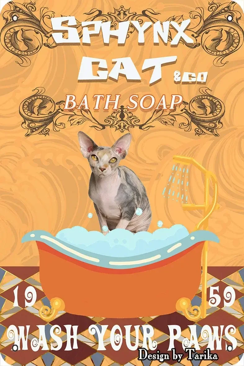 

Sphynx Cat &Co. Bath Soap Wash Your Paws Cat's Bathroom Vintage Plaque Poster Tin Sign Wall Decor HangingMetal Decoration