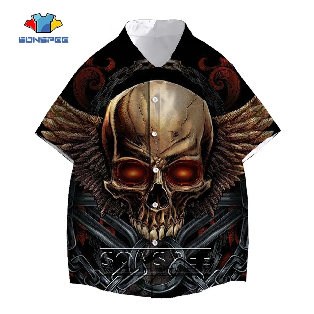 

SONSPEE Summer Evil Metal Skull 3D Print Iron Chain Harajuku Blouse Oversized Hip Hop Shirts Streetwear Breathable Tops & Tees