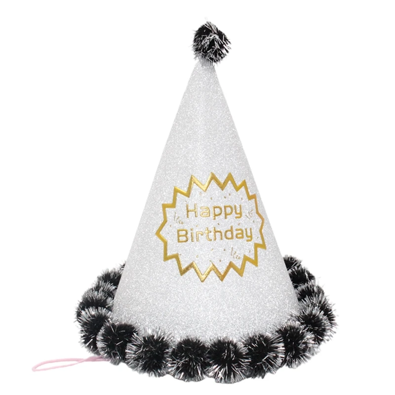 Birthday Cone Hats Party Cone Hats Pompoms Party Birthday Hat with Pom Poms Elastic Cord