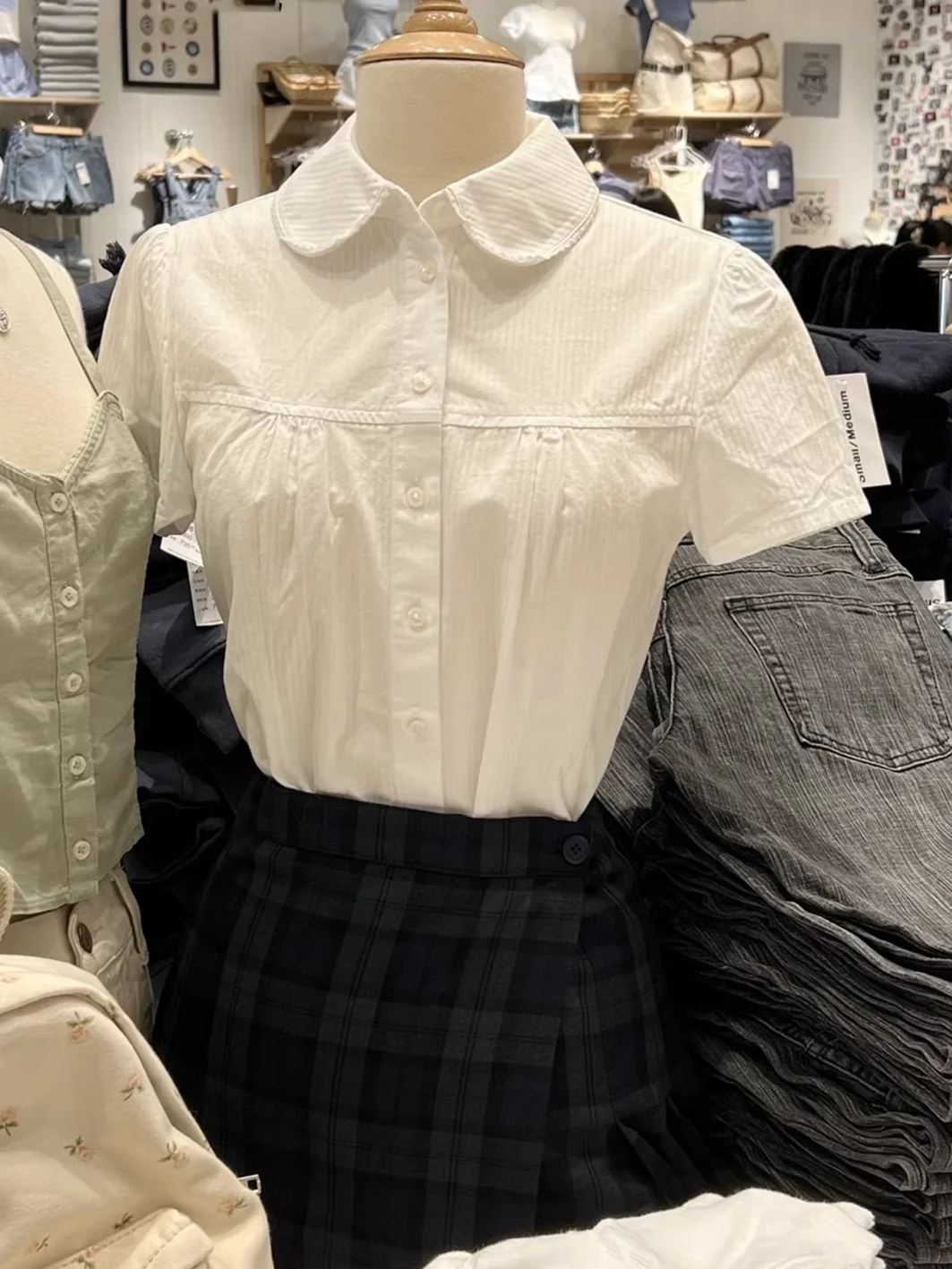 White Stripes Peter Pan Collar Blouse - Women's Summer Short Sleeve Cotton Top