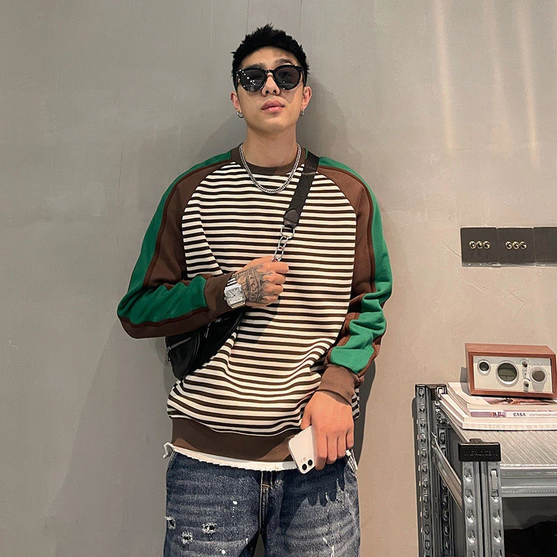 Autumn Spring Casual O Neck Long Sleeve Men Sweatshirts Fashion Oversized Patchwork Hit Color Striped New Arrival Top Hot Sale