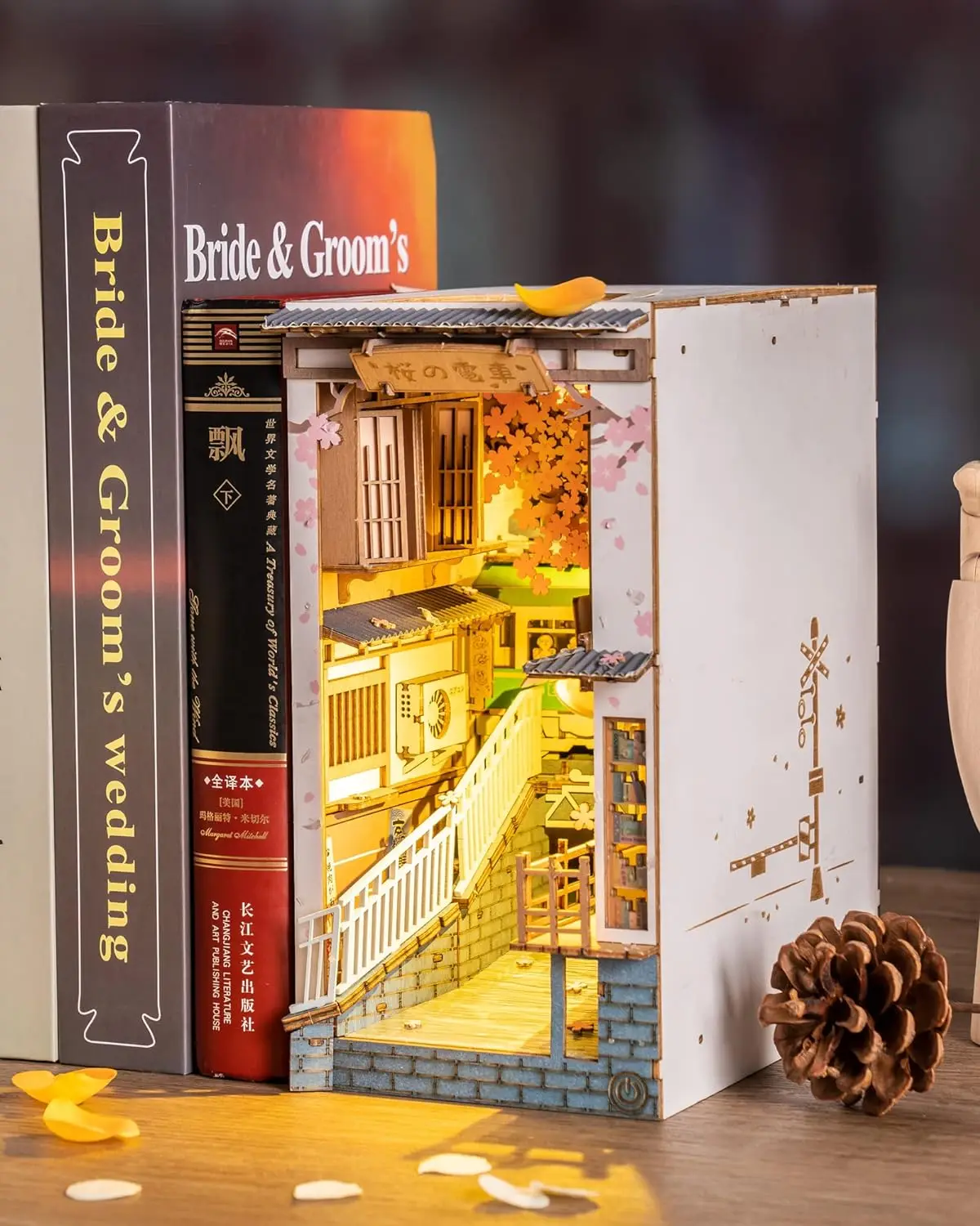 Robotime Rolife DIY Book Nook Japanese Sakura Densya in Books Series Wooden Miniature House with Furniture Doll House Kits Toy 6