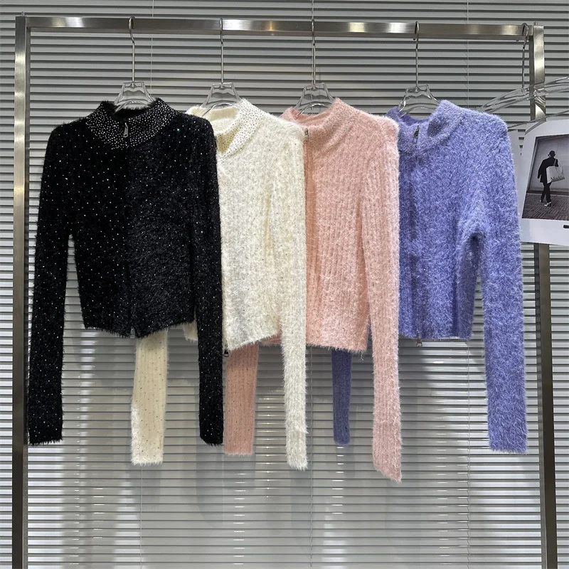 

Korea New Arrival Fashion 2023 Fall Winter Women Mohair Knitted Full Sky Star Hot Diamond Solid Color Zipper Casual Slim Sweater