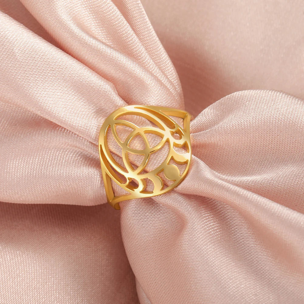 Dawapara Triquetra Trinity Knot Ring Celtics Knot Mondphase Mondsymbol Geometrischer Ausschnitt Edelstahl Wicca Fingerring – Detail 15