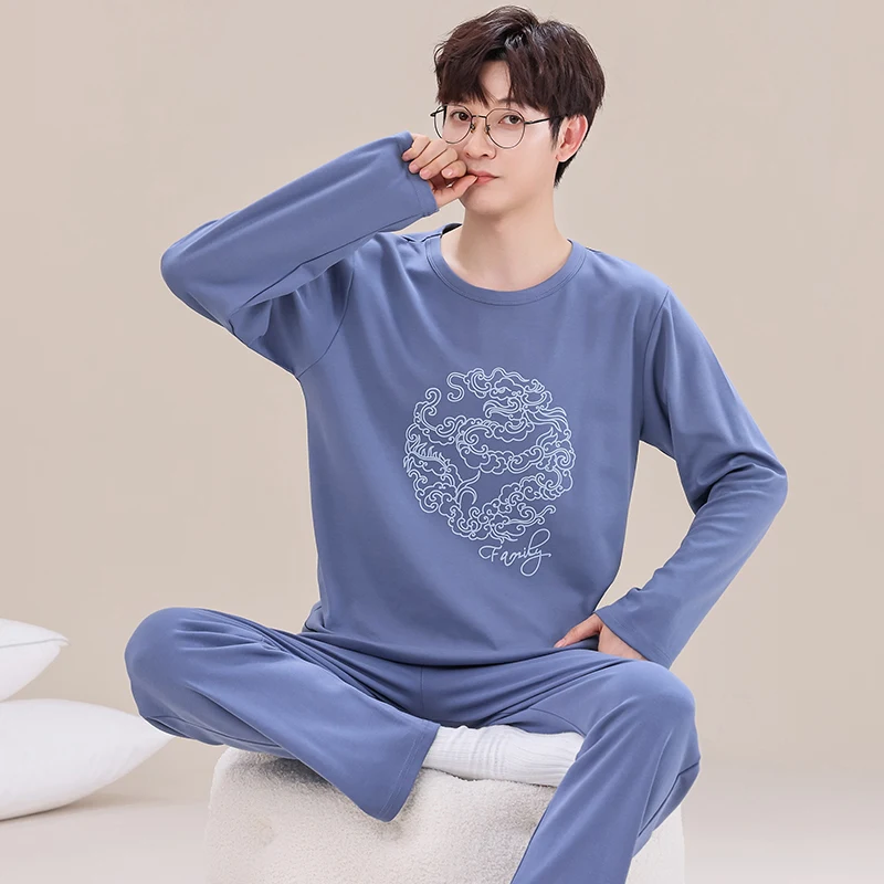 Men Pyjama Set Cotton Spring Long Sleeve Print Men Pajama Suit Autumn Nightwear O Neck Pijama Male Sleepwear Two Piece Set
