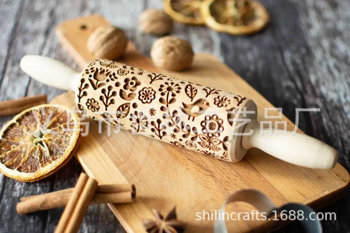 Description Picture 4 of itemFlower Print Christmas Rolling Pin Bird Print Pattern Rolling Pin Wooden Thanksgiving Pastry Tools Deep Engraving Cookies Tool