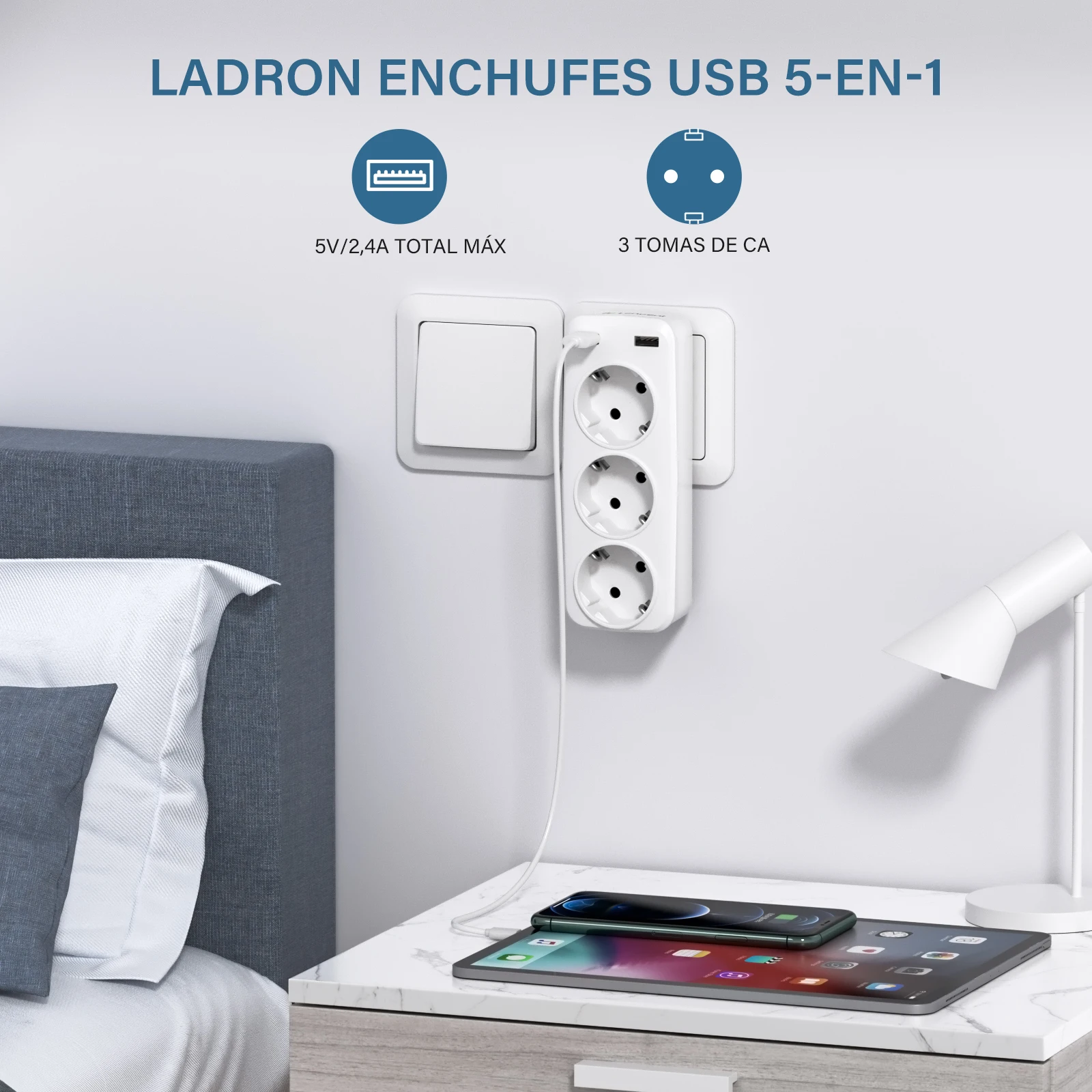 EU Plug 5-in-1 Wall Socket Extender with 3 AC Outlet 2 USB Sfab8f499663645d18f8b1f9a27bceb60v