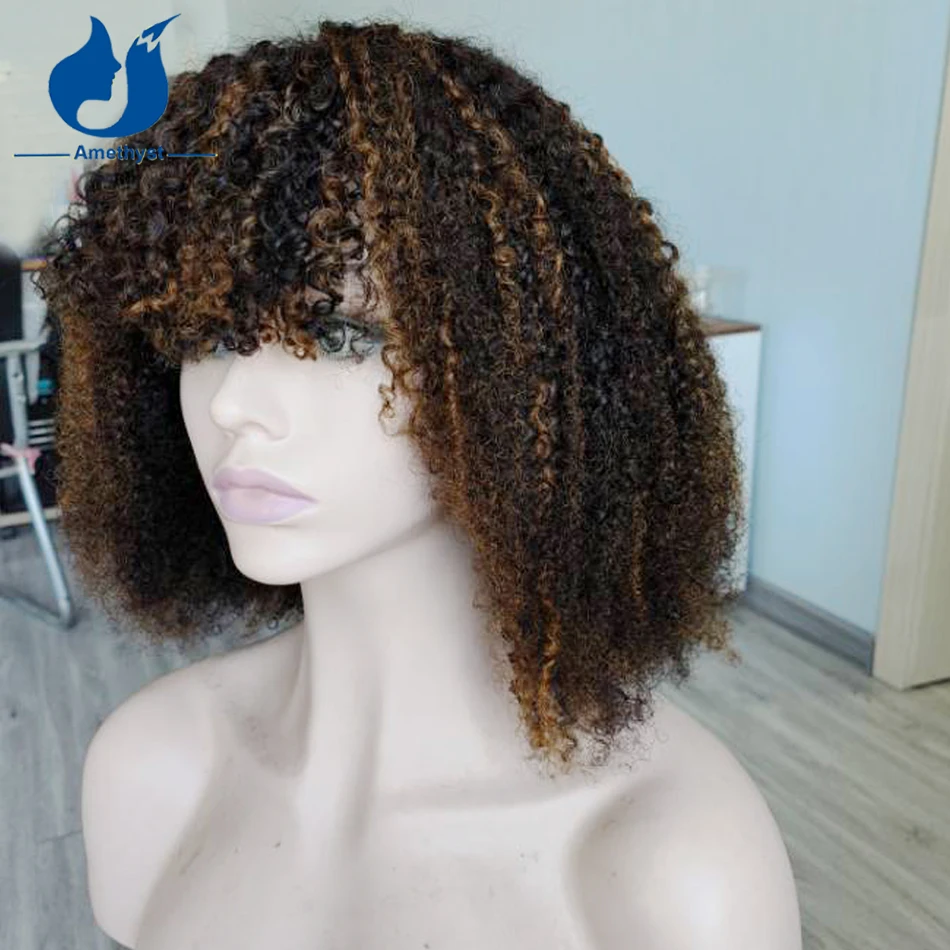 

Blonde Highlight Kinky Curly Human Hair Wig With Bangs for Women Brazilian Glueless Short Bob Remy Hair Full Machine Made Wig