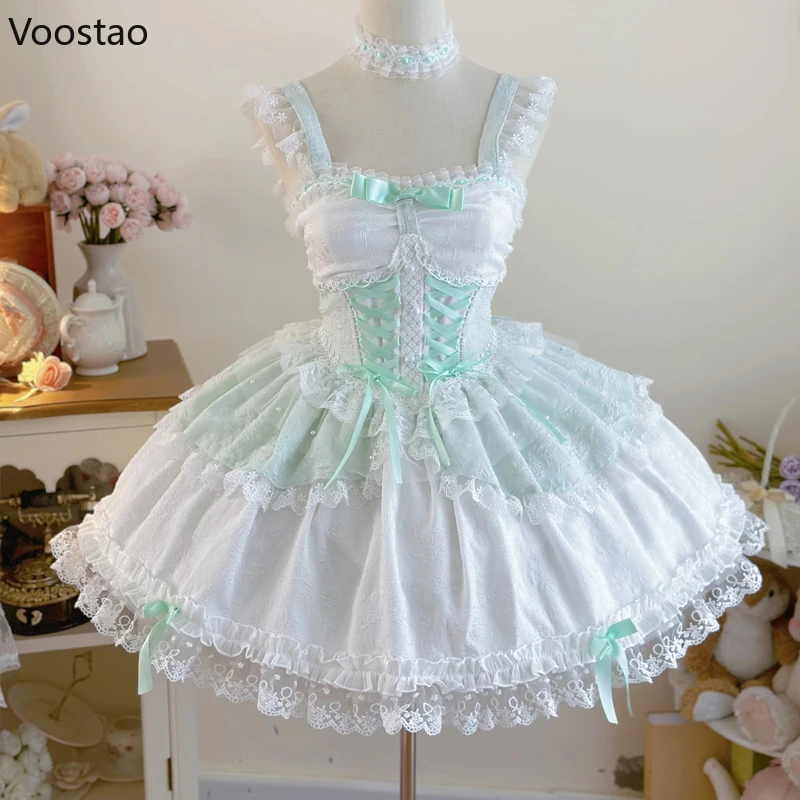 Lolita Dress Women Japanese Sweet Jsk Elegant Ruffles Lace Bandage Princess Strap Girls Y2k Kawaii Tea Party Mini lolita suspender dress lolita dress lolita cosplay costumes
