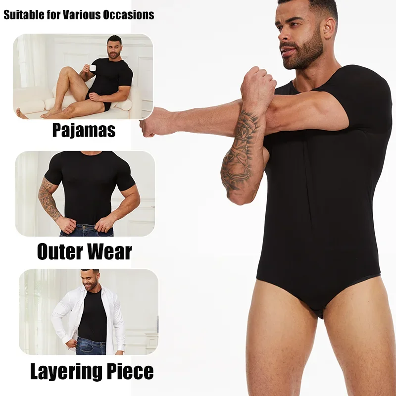 Men Bodysuits Shapewear Bodysuit for Men Tummy Control Flat Belly Leotard Short Underwear Round Neck Undershirt Soft Breathable Sleepwear