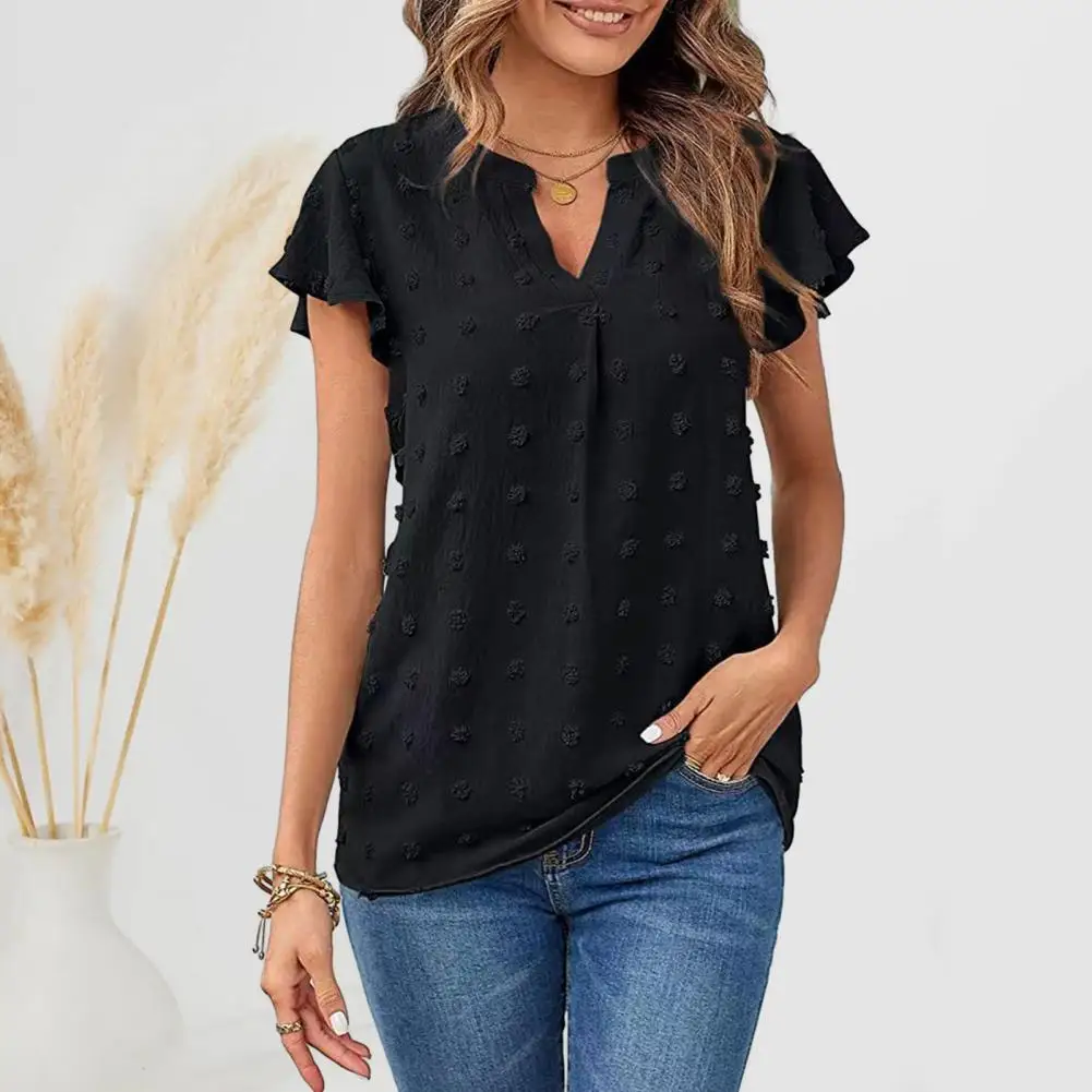 

Women Summer V-Neck Casual Tops Ruffle Short Sleeve Jacquard Decor Loose Fit Solid Color Pullover Tops Streetwear