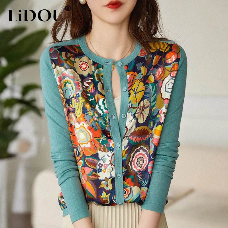 

2023 Spring Autumn Round Neck Fashion Printing Sweater Women High Street Casual Long Sleeve Button All-match Elegant Cardigan