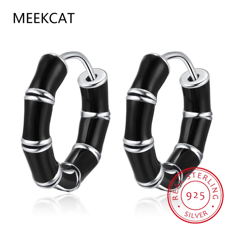 

Bamboo Ear Buckles Genuine 925 Sterling Silver Black Enamel Hoop Earrings for Women Fine Jewelry Sterling Silver Gift Brincos