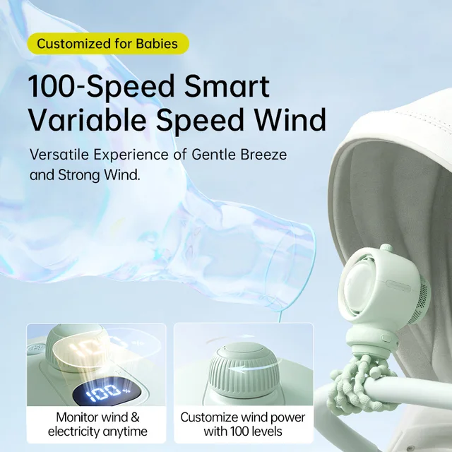 JISULIFE ventilatore portatile per passeggino, purificazione dell'aria Turbo Tech, vento naturale, luce a LED, 5000mAh, staffa in Silicone per uso alimentare, ventola per culla 3