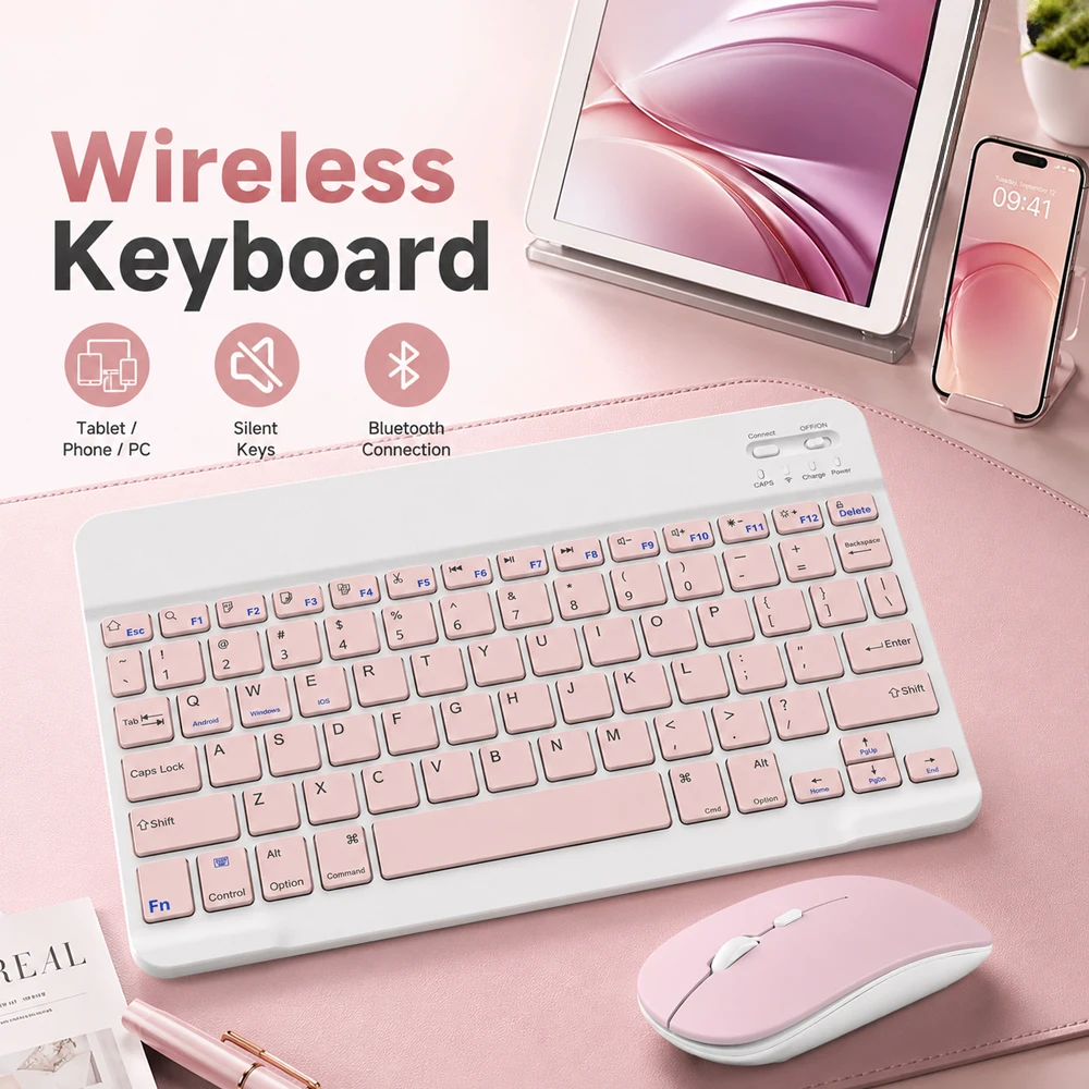 Set mouse e tastiera wireless Bluetooth multicolore compatibile con iOS/Android/Windows, iPad, Xiaomi/Huawei e tastiera silenziosa._voghion.com