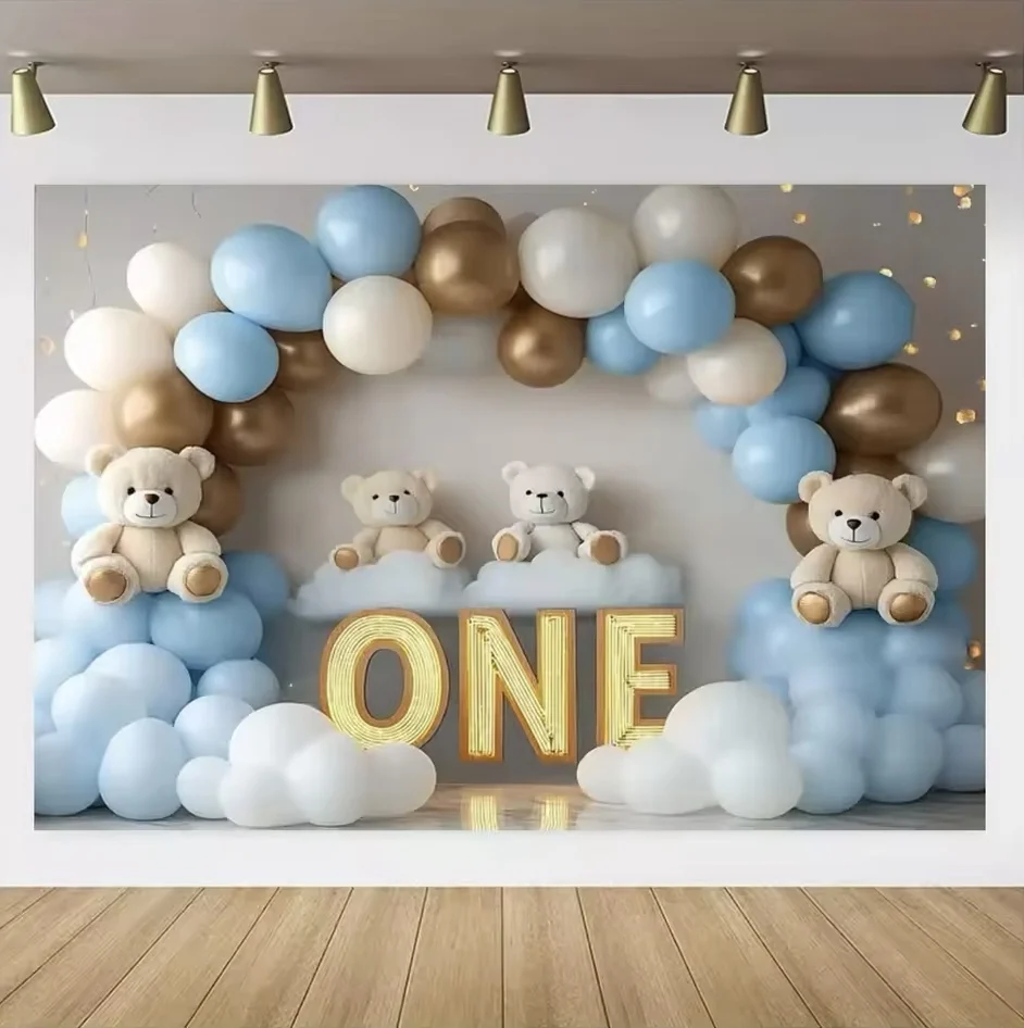 Colorful Balloon Teddy Bear Birthday Party Banner and Baby Shower Photography Backdrop