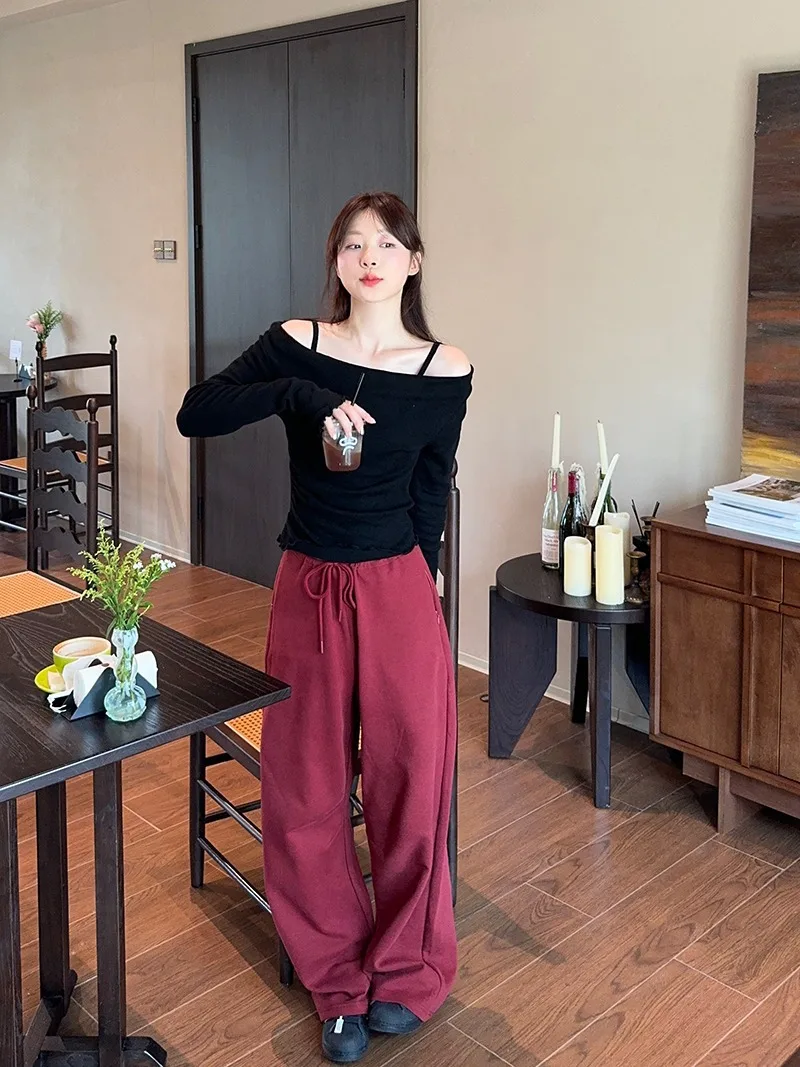 Fake Two-piece Off Shoulder Long Sleeve T-shirt Women's Sexy Slash Neck Flare Sleeve Base Shirt Top Autumn Casual Slim Fit Tops
