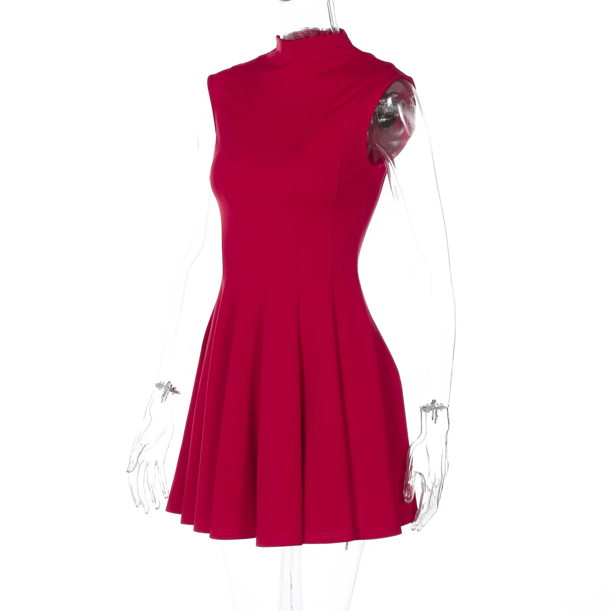 Sleeveless Folds Mini Dress Women's Solid Color High Waist Outfits Half Turtleneck Elegant Club Casual Party Dress A-Line