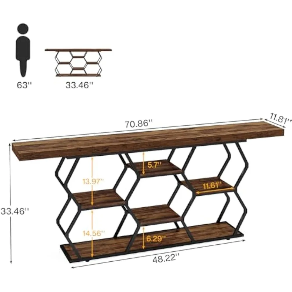 Extra Long Console Table with Shelves, Narrow Sofa Table Behind Couch with Storage, Industrial Entryway Table TV Stand 2