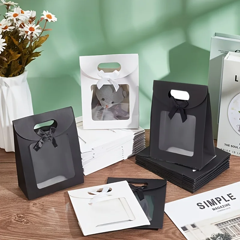 12 black and white gift bags with windows, upright small gift bags with bows, for wedding and birthday gift wrapping 3