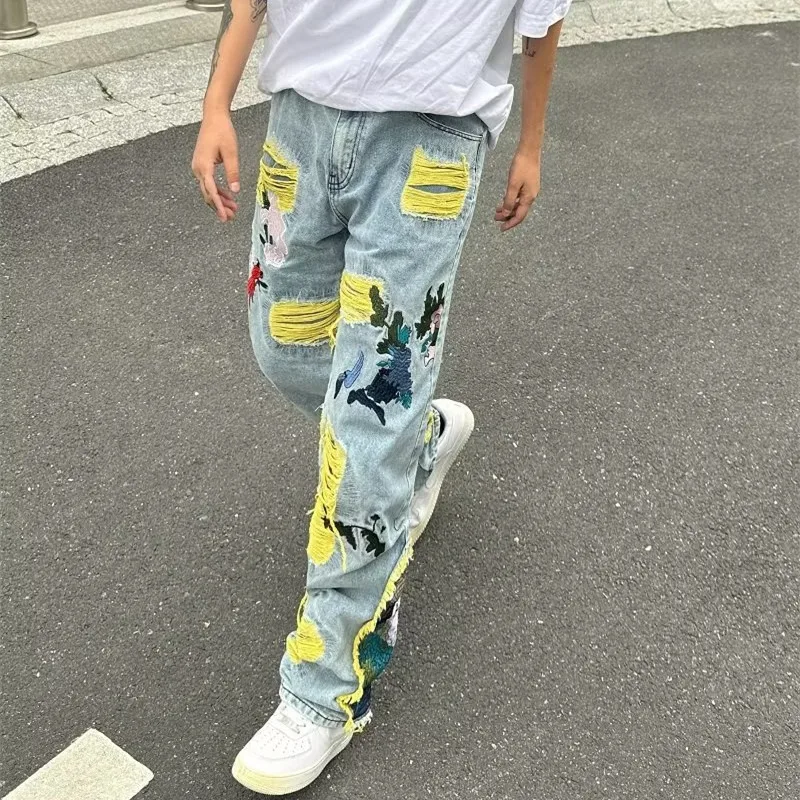 Y2K Europe America Streetwear Stacked Ripped Baggy Jeans Pants Men Clothing Graphic Embroidery Hip Hop Denim Trousers Pantalons