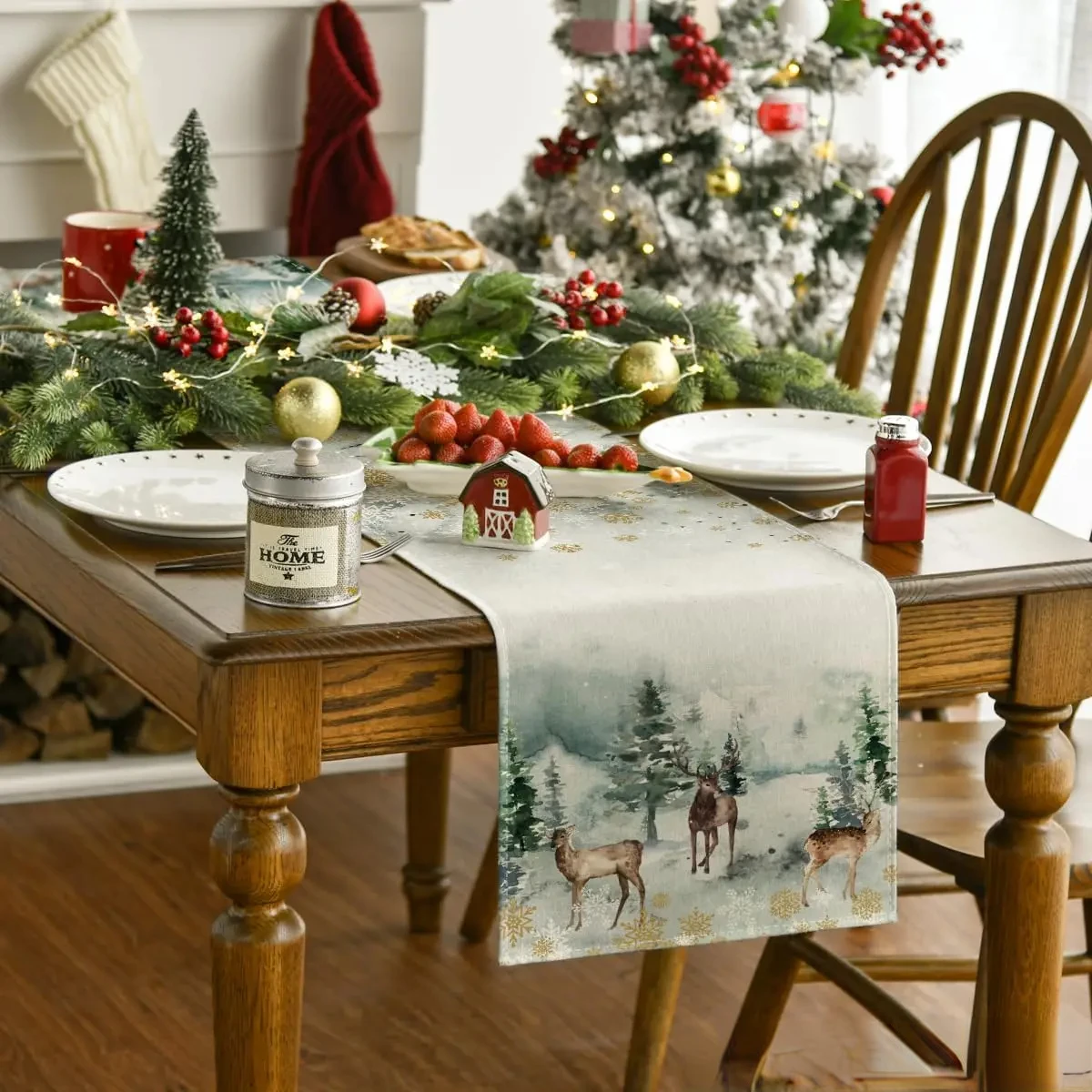 Watercolor Deer Trees Snowflakes Christmas Macrame Table Runner Winter Holiday Kitchen Dining Table Decor
