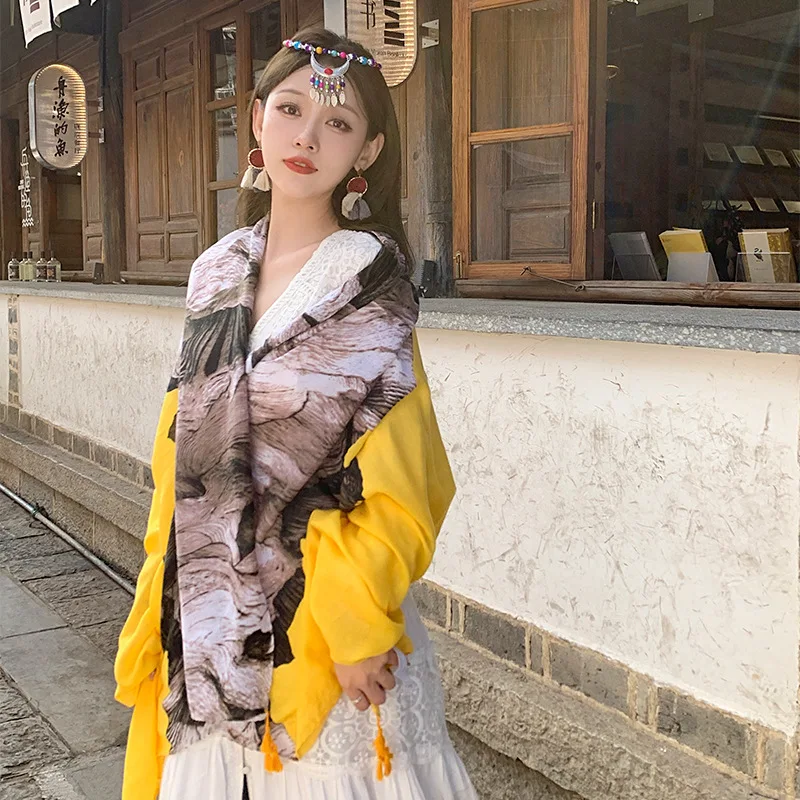 

Retro Yellow Annual Ring Travel Sun Protection Women's Summer Ethnic Style Scarf Outer Wear Long Thin