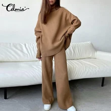 

Celmia Women's Knitted Suits Casual Loose 2022 Spring Autumn High Collar Tops and Wide Leg Pants Ribbed Two Piece Sets Pant sets