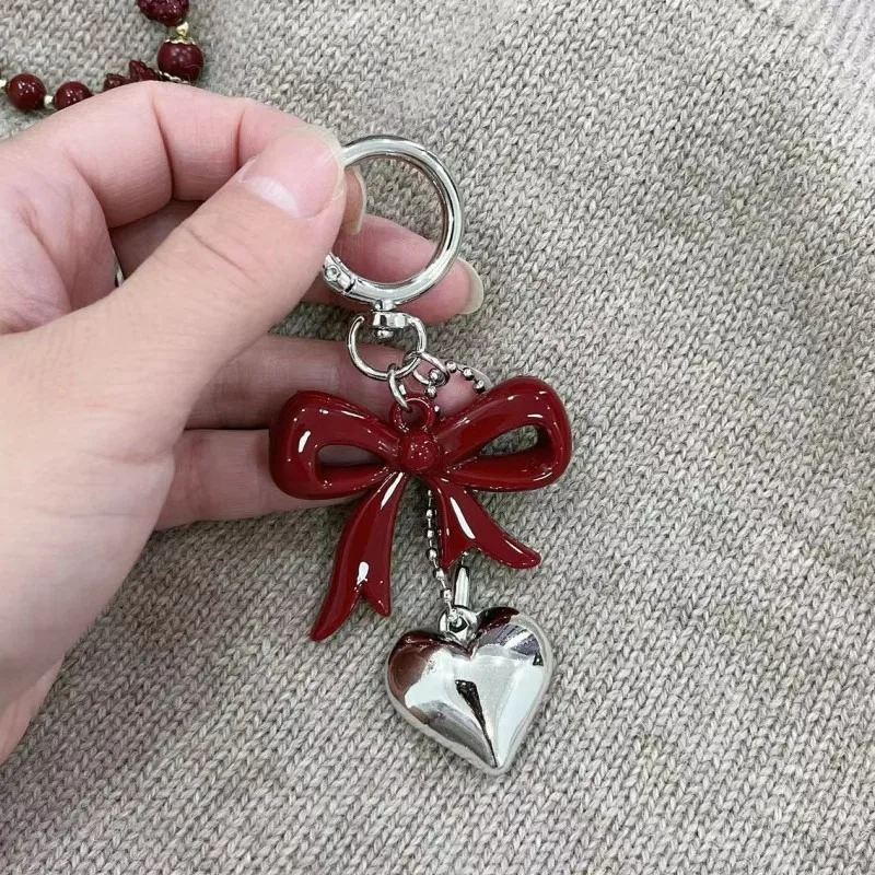 Cute Spring Buckle Red Love Key Chain Acrylic Fashion Bow Pendant Keychain Creative Bag Hanging Decoration Bag Accessories