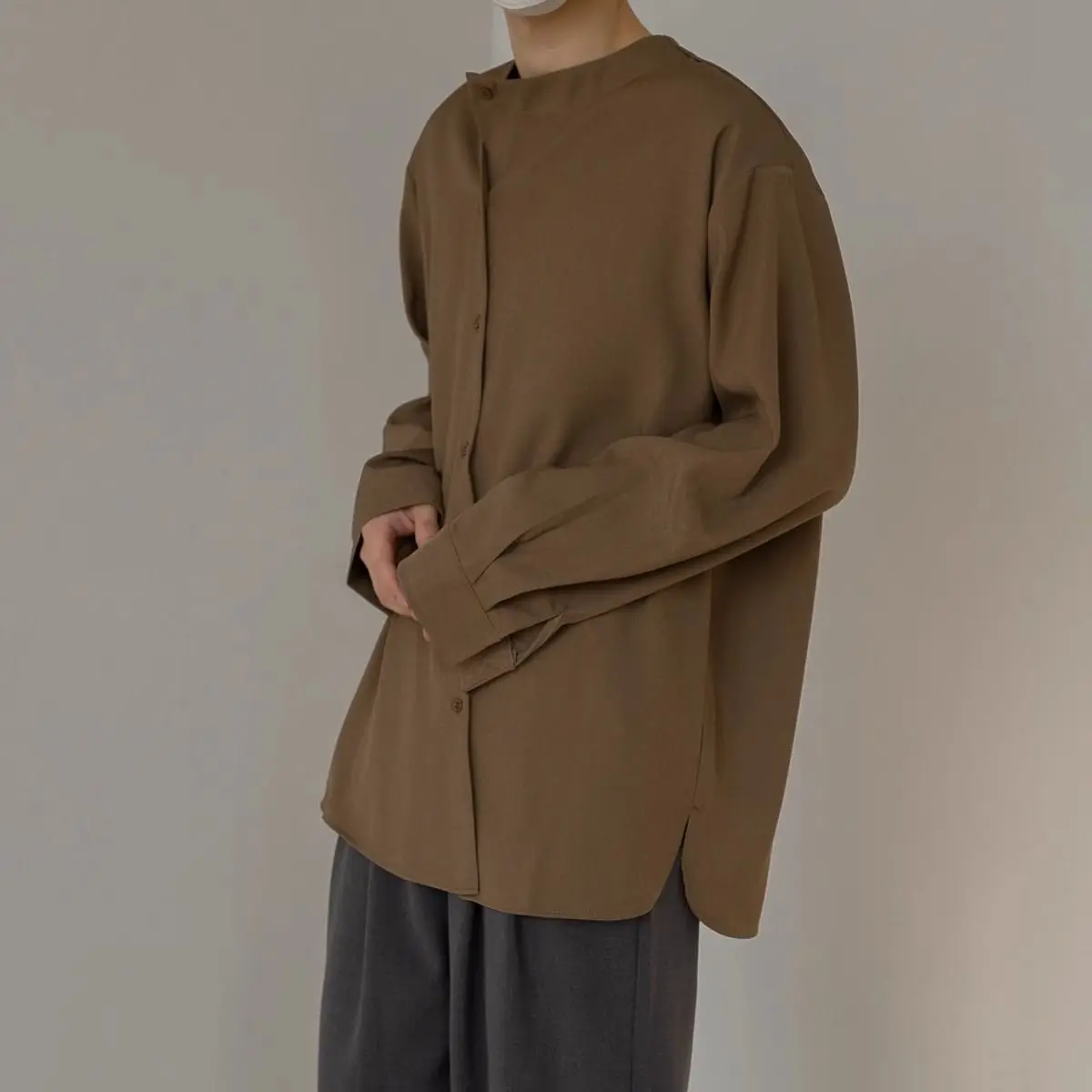 Spring New Korean Youth Fashion Round Neck Solid Shirt Men's Patchwork Button Vintage Simple Loose Breathable Long Sleeved Top