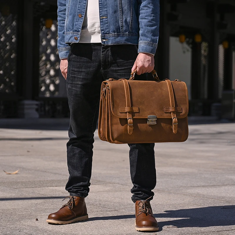 Brown Mens Large Leather Travel Laptop Bags Briefcase