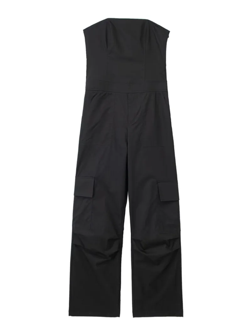 Women Fashion with Pockets Strapless Cargo Jumpsuit Vintage Straight Neck Side Zipper Female Playsuits Overalls for Women 2023