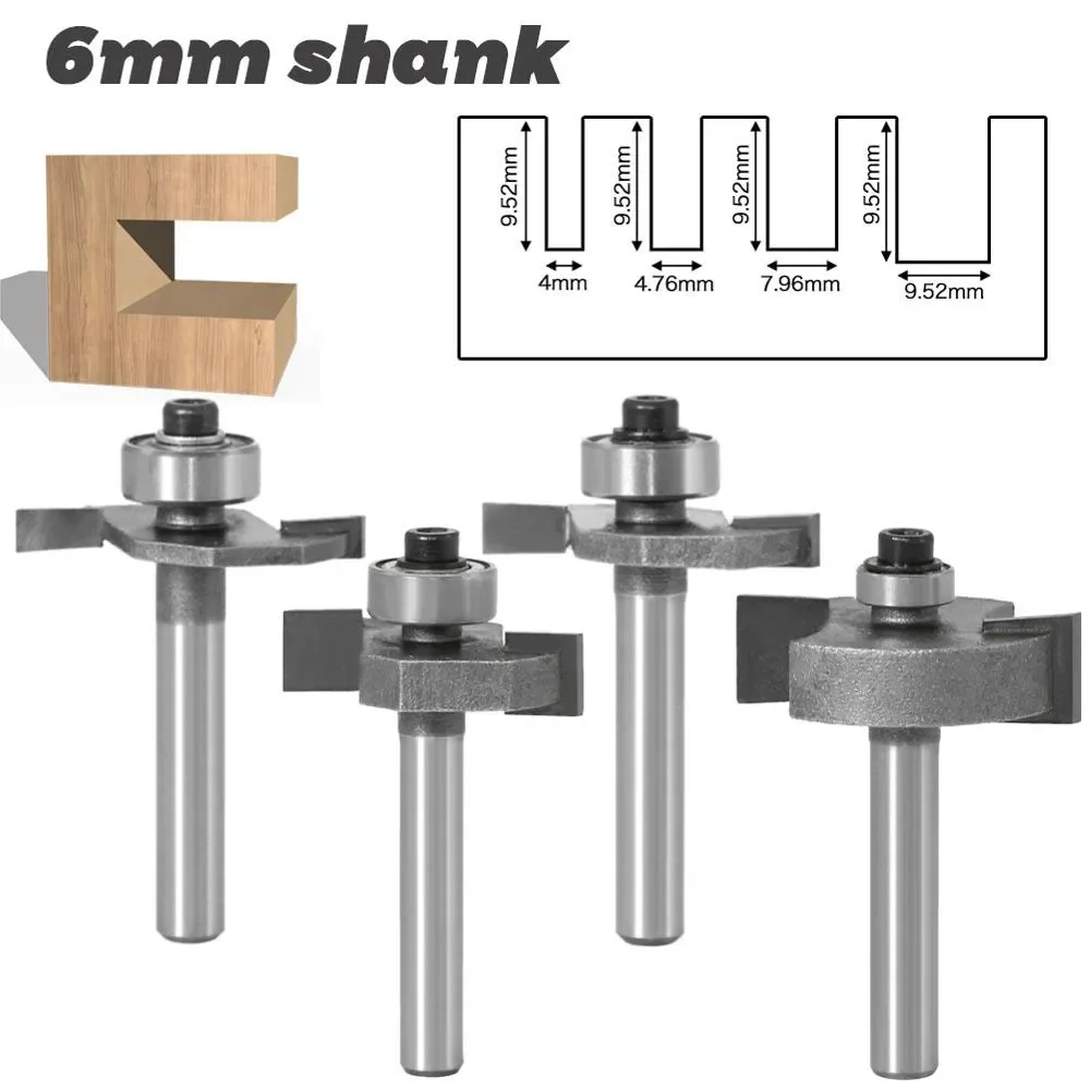 

4PC/Set 1/4" 6.35MM 6MM Shank Milling Cutter Wood Carving T Slot Router Bit Bit with Bearing Wood Slotting T Type Rabbeting Bit