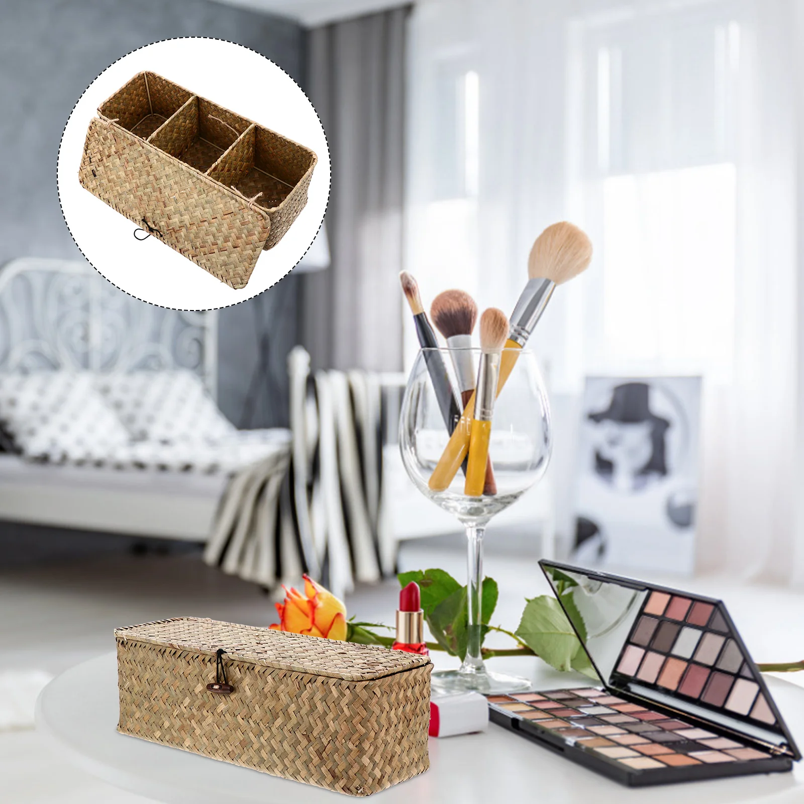 

Woven Storage Basket Baskets Household Sundries with Lid Desktop Living Room Rattan