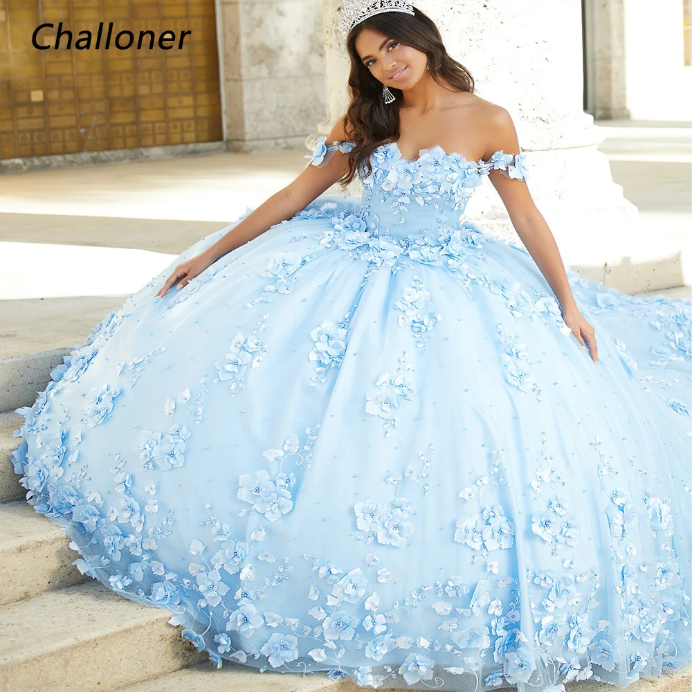

Challoner Sweetheart Quinceanera Dresses Off Shoulder 3D Flowers Beading Lace Up Back Floor Length Prom Gown vestidos de fiesta