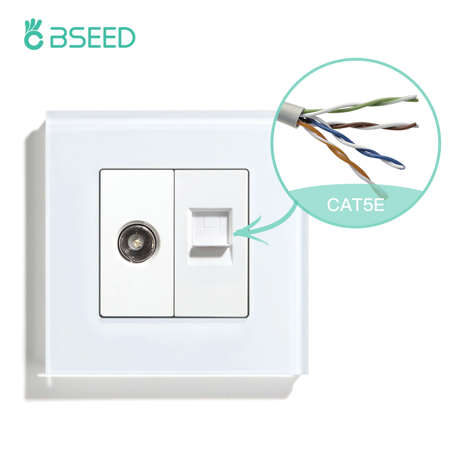 Bseed 유럽 표준 이중 벽 소켓, TV 컴퓨터 플러그 소켓, 크리스탈 유리 패널 포함 트리플 USB C타입 충전 포트