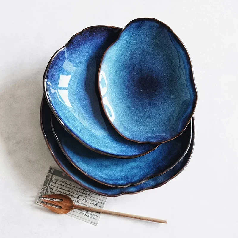 Ceramic Salad Plate Supplies Kitchen Lrregular Food Dish European Blue Dinner Plates Glaze Pottery Household Tableware