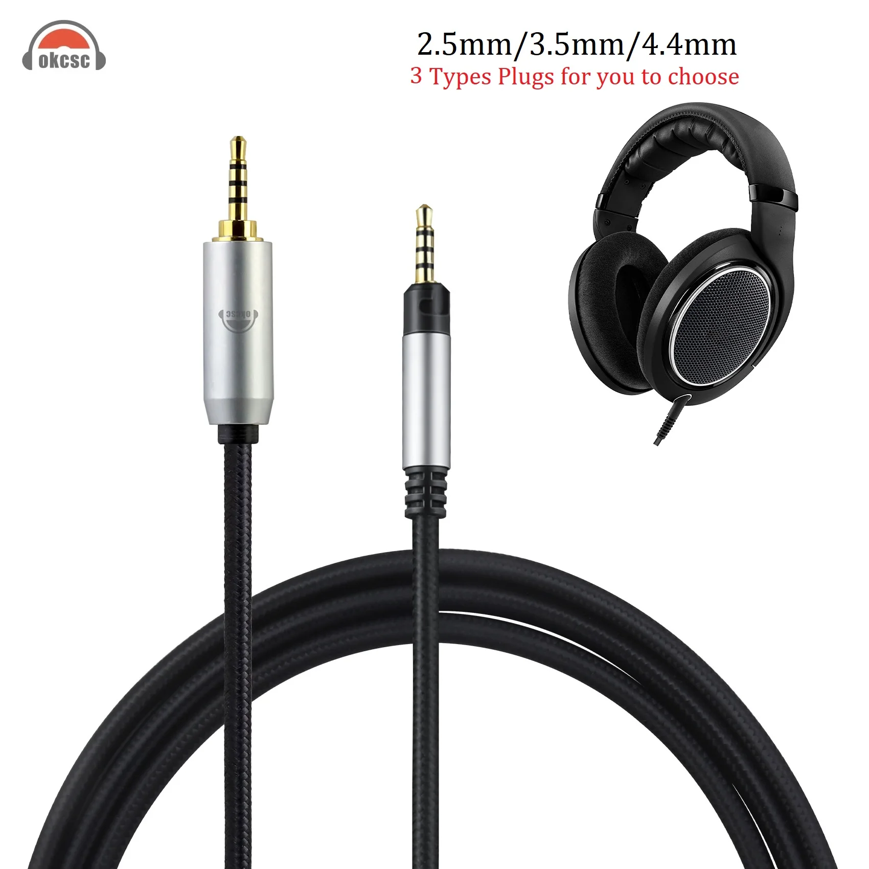 Cabo de Plugue Reto em Pvc Okcsc Fone de Ouvido Hifi 44 mm 35 mm 25 mm Cotovelo Sennheiser Hd598 cs Hd558 Hd559 Hd569 Hd579 Hd518 Hd599