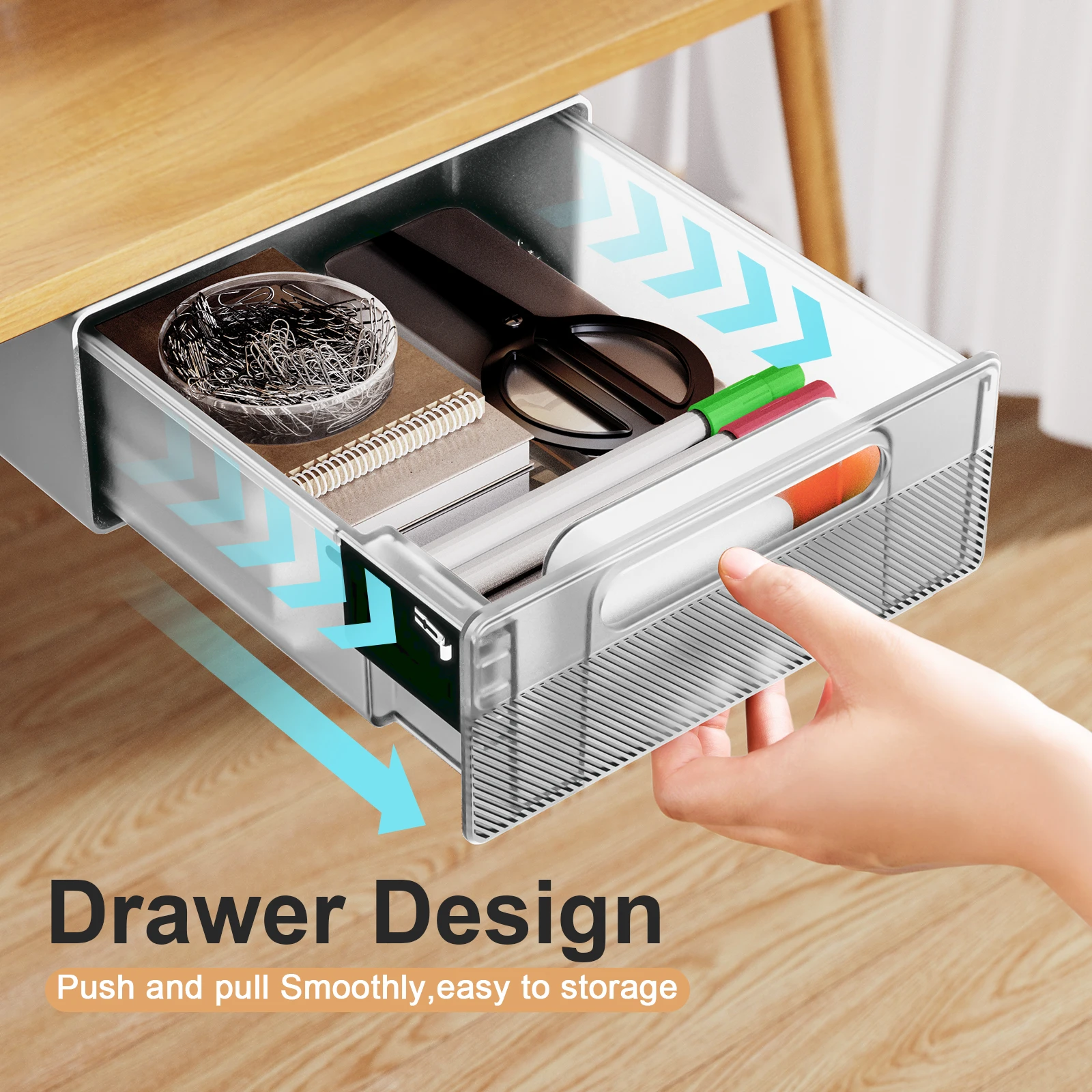 Eary Under Desk Drawer Organizer No-Punch Strong Sticky Under Table Hidden Storage Box with Induction Night Light Grocery Storage, storage drawer boxes