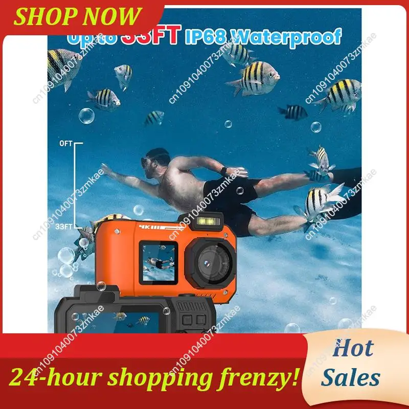 Caméra Action 4K Étanche 33ft 65MP Double Écran + Carte 64Go Orange