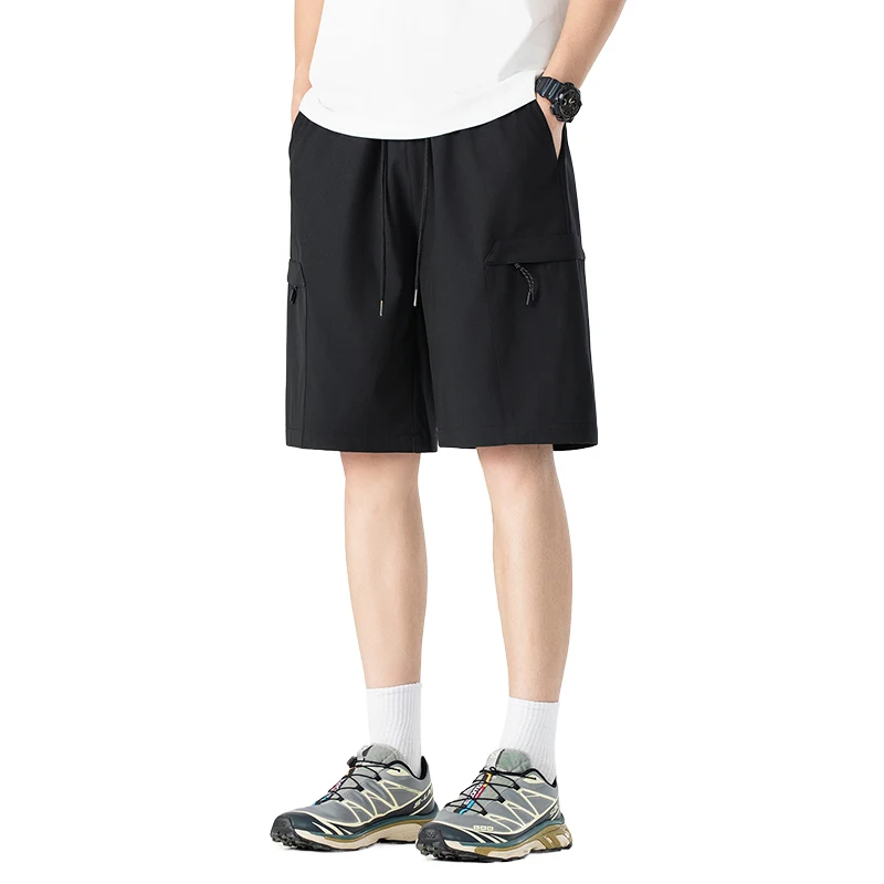 Fashion Elastic Lace Up Solid Color Pockets Casual Shorts Men's Clothing 2024 Summer Loose Korean Straight High Waist Shorts