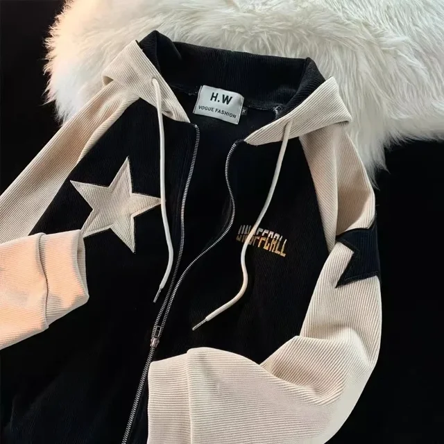 Retro Patch Star Hooded Corduroy Top 1