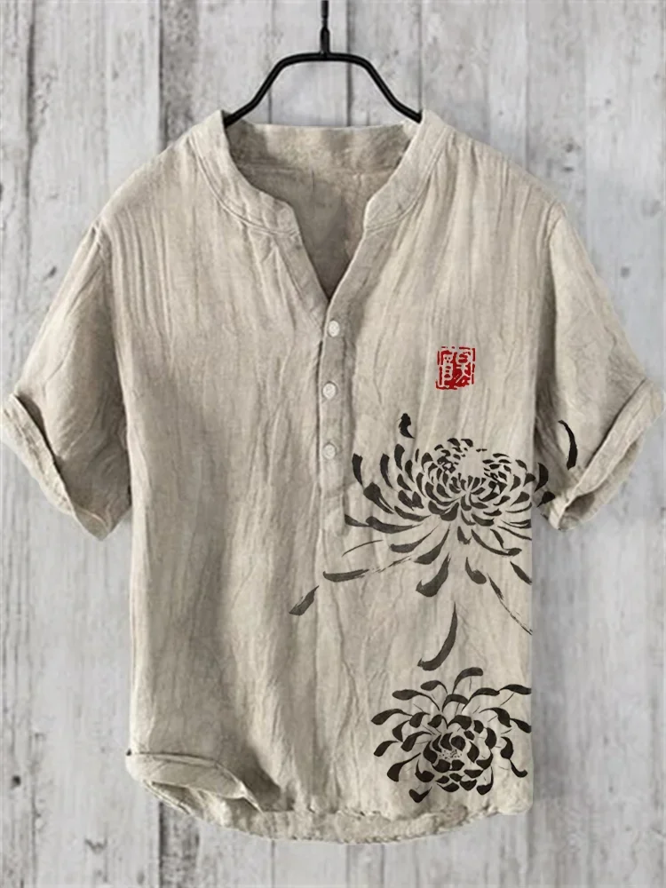 Vintage Clothes Cardigan Men Clothes Offer Casul Shirts Print Short Sleeve Henry Shirt Mens Clothing Summer Men's Tops