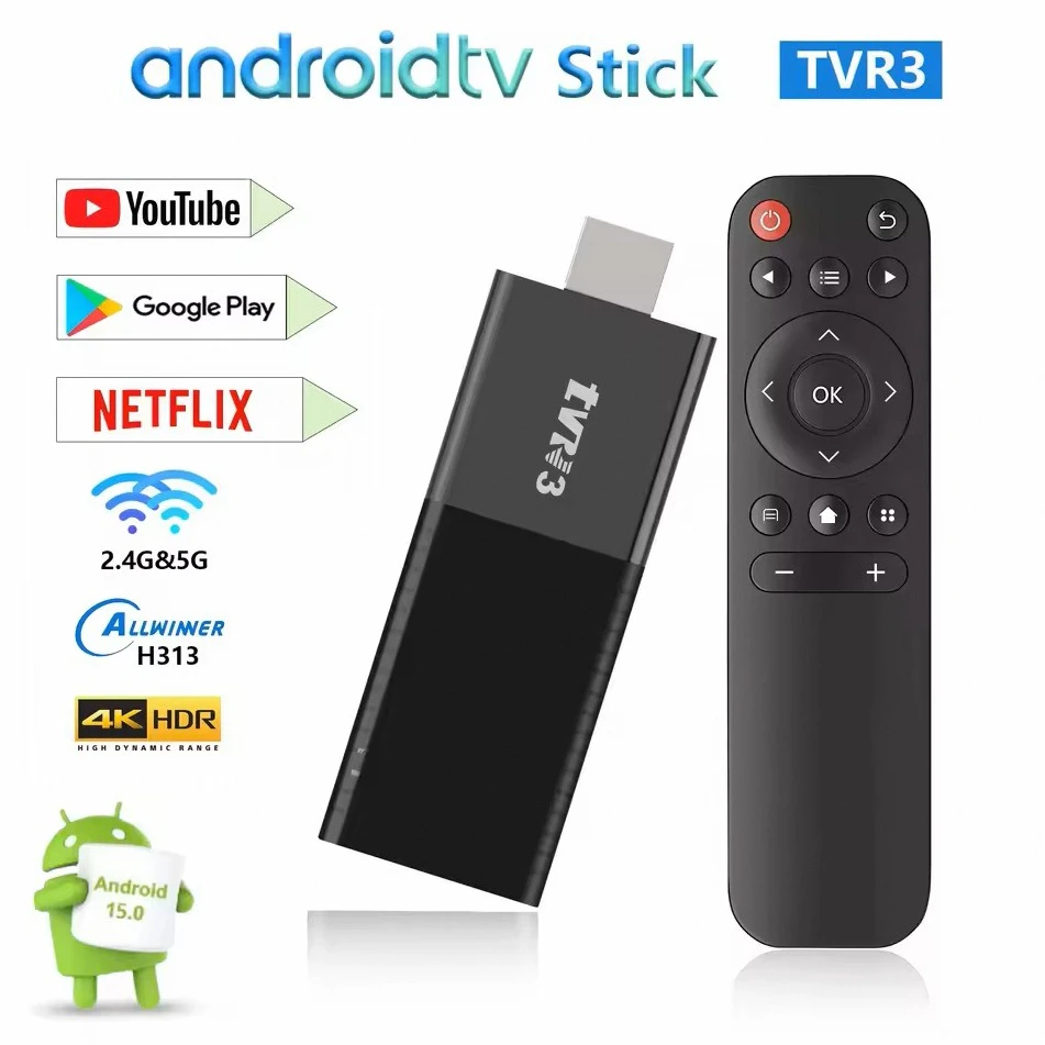 TVR3 TV Stick Android 15: 8GB RAM E 128GB ROM, 4K HDR, WiFi 2.4GHz, Con Telecomando E Cavo HDMI