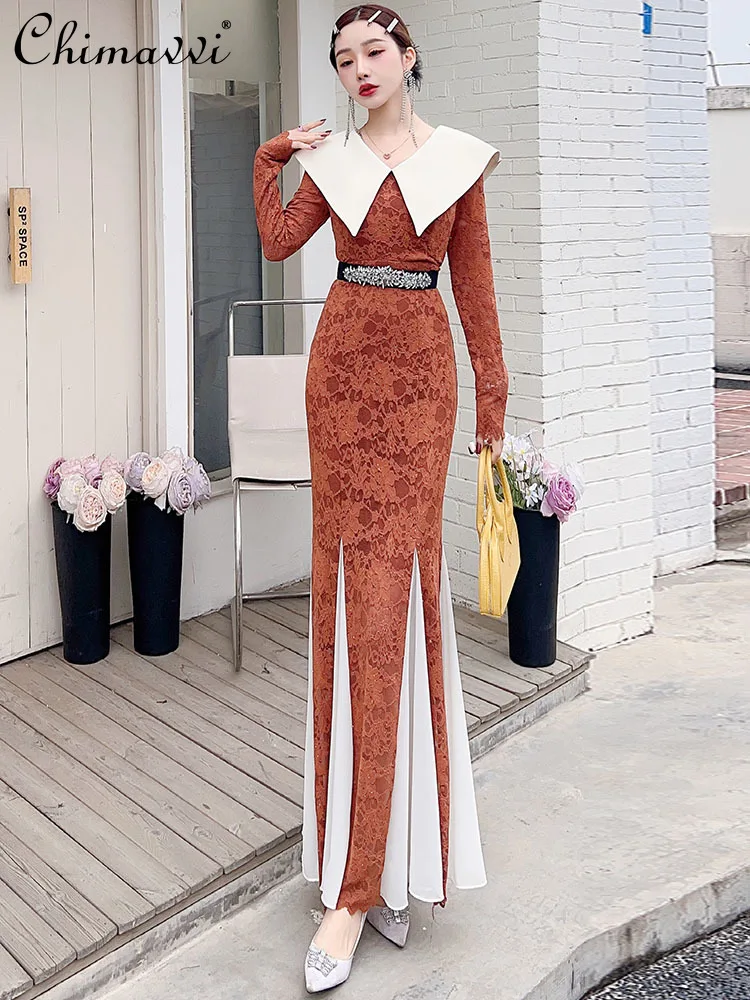 

Элегантное Приталенное кружевное платье с длинным рукавом и высокой талией, новинка весны 2024, Модное Длинное приталенное характерное платье-футляр, женское платье-годе