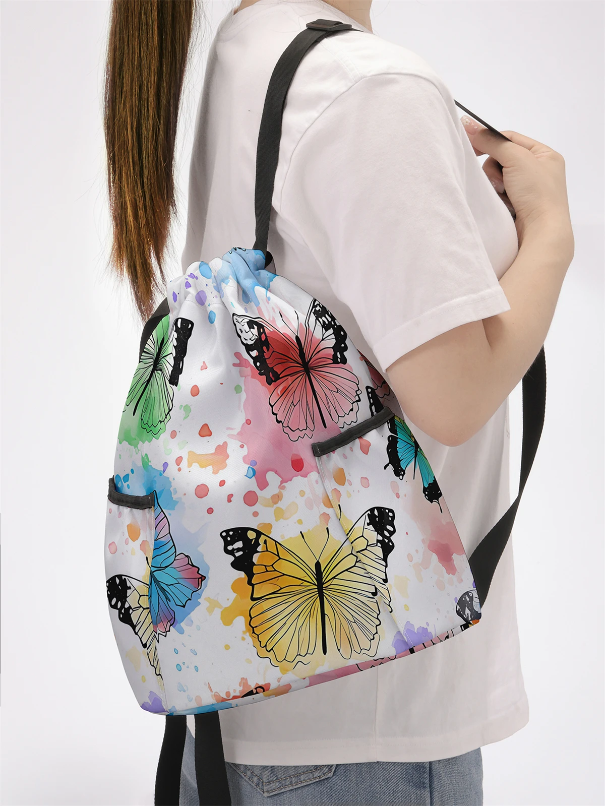 Butterfly Pattern Printed Drawstring Backpack - Large Capacity Durable Fitness Bag, Sports Beach Backpack